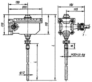 Рис.1. Габаритные и присоединительные размеры взрывозащищенного терморегулятора ТУДЭ-12М1