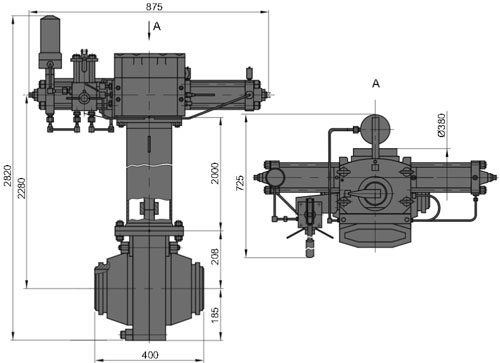 Рис.1. Габаритные и присоединительные размеры крана шарового DN 150 PN 100 с пневматическим приводом для подземной установки