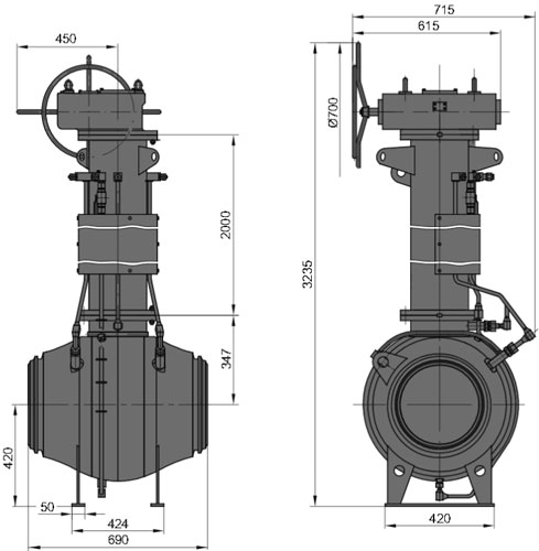Рис.1. Габаритные и присоединительные размеры крана шарового DN 300 PN 100 с ручным приводом для подземной установки