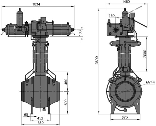 Рис.1. Габаритные и присоединительные размеры крана DN 400 PN 100 с пневмогидравлическим приводом для подземной установки