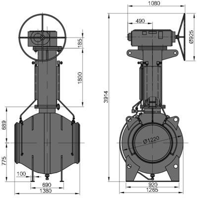 Рис.1. Габаритные и присоединительные размеры крана шарового DN 700 PN 100 с ручным приводом для подземной установки