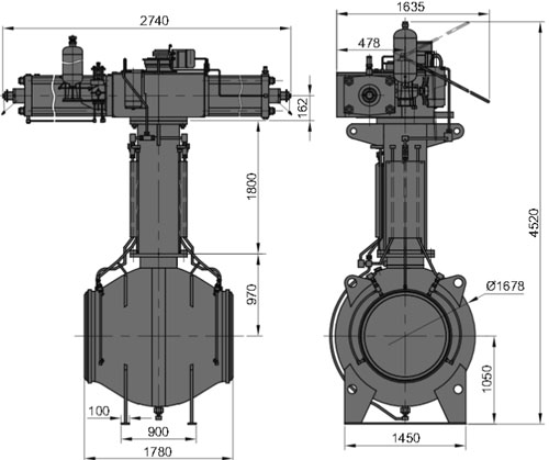 Рис.1. Схематическое изображение крана DN 1000 PN 100 с пневмогидравлическим приводом для подземной установки