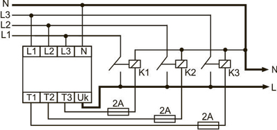 Рис.2. Схема подключения переключателя фаз PF-451 с применением внешних реле