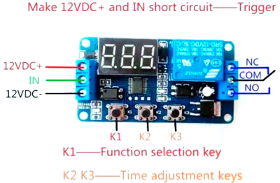 Рис.1. Схема подключения реле времени на 12 В с индикацией SRD-12VDC-SL-C